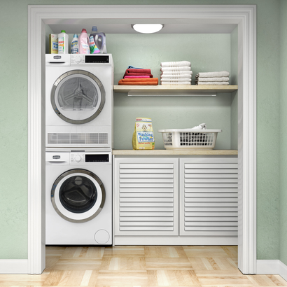 Marathon MVD420W 24-inch compact dryer in a modern laundry room, perfect for apartments and condos.
