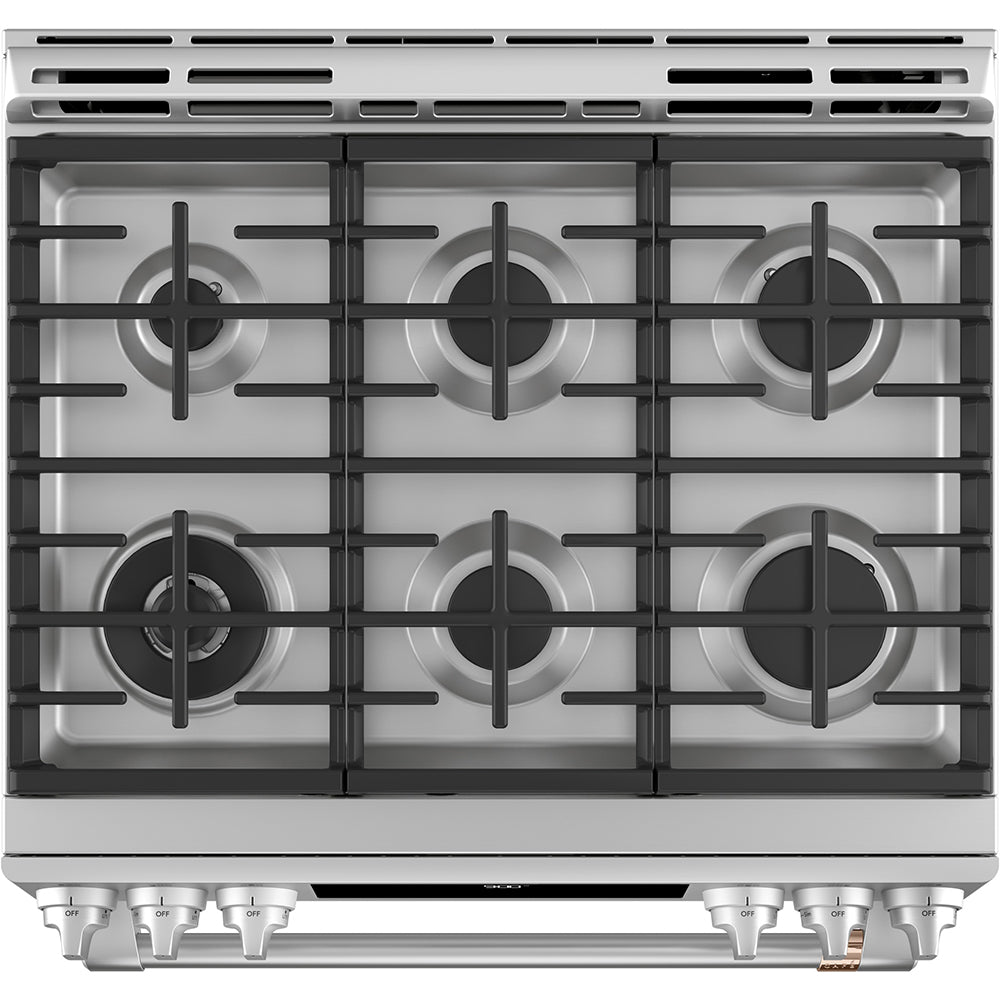 Cafe 30 Inch Slide-In Front Control Dual-Fuel Convectio Range with Warming Drawer Stainless Steel CC2S900P2MS1
