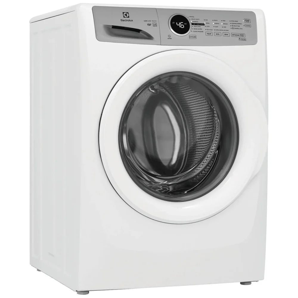 Electrolux ELFW7337AW 4.4 cu. ft. front-load washer with 1,100 RPM spin speed, multiple wash cycles, energy-efficient design, and stackable installation option