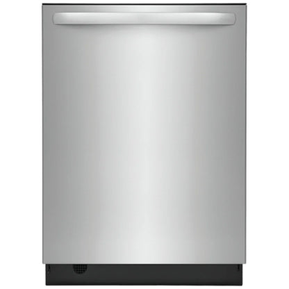 Front view of FDSH4501AS1 Dishwasher – A sleek, stainless steel front-loading dishwasher with a modern design, featuring a handle and control panel at the top.