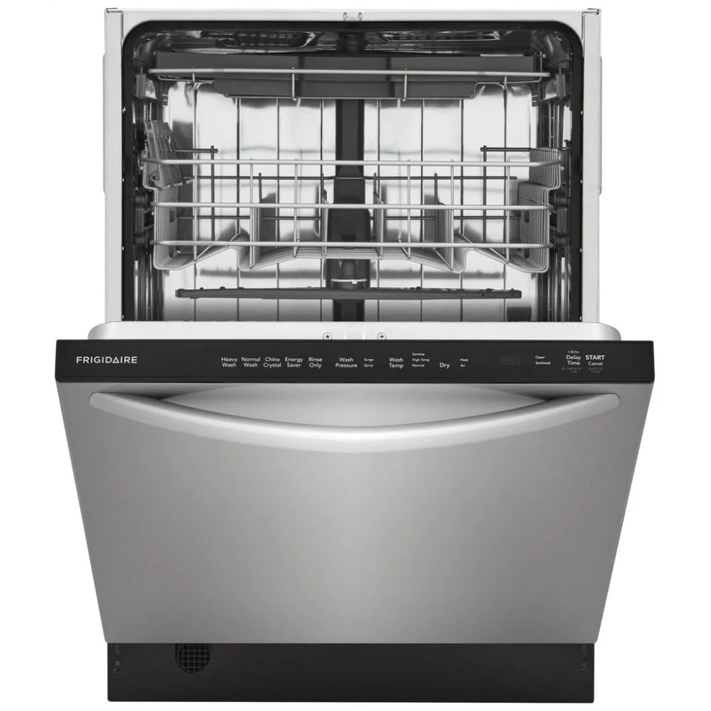 Front view of FDSH4501AS1 Dishwasher – A sleek, stainless steel front-loading dishwasher with a modern design, featuring a handle and control panel at the top.