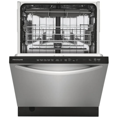 Front view of FDSH4501AS1 Dishwasher – A sleek, stainless steel front-loading dishwasher with a modern design, featuring a handle and control panel at the top.