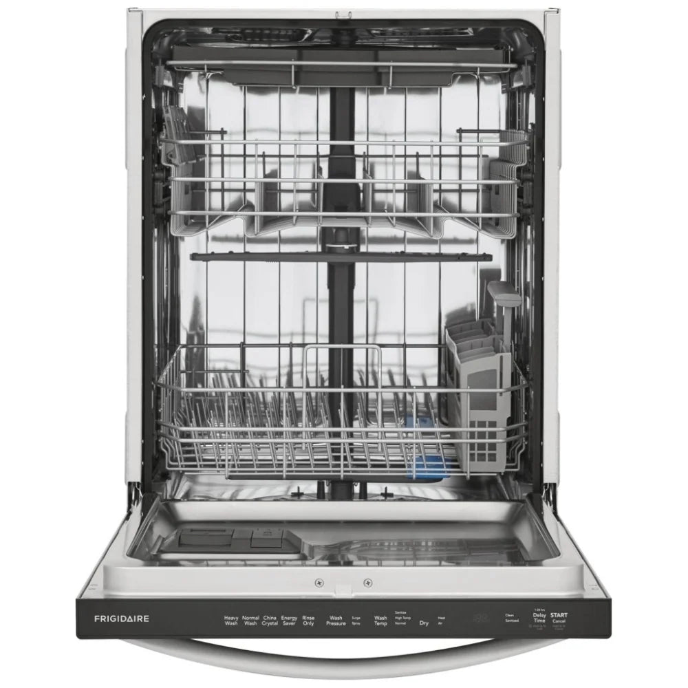 Interior view of FDSH4501AS1 Dishwasher – The spacious interior of the FDSH4501AS1 dishwasher with multiple racks and a bottom rack filled with dishes, showcasing adjustable tines for flexibility.