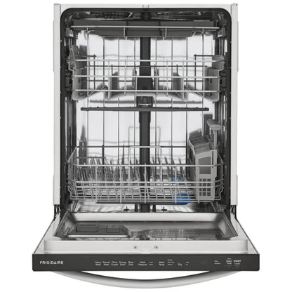 Interior view of FDSH4501AS1 Dishwasher – The spacious interior of the FDSH4501AS1 dishwasher with multiple racks and a bottom rack filled with dishes, showcasing adjustable tines for flexibility.