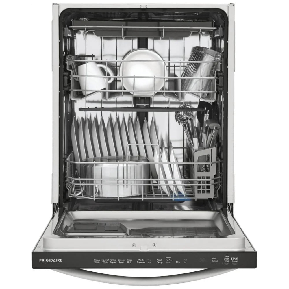 Interior view of FDSH4501AS1 Dishwasher – The spacious interior of the FDSH4501AS1 dishwasher with multiple racks and a bottom rack filled with dishes, showcasing adjustable tines for flexibility.