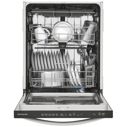 Interior view of FDSH4501AS1 Dishwasher – The spacious interior of the FDSH4501AS1 dishwasher with multiple racks and a bottom rack filled with dishes, showcasing adjustable tines for flexibility.