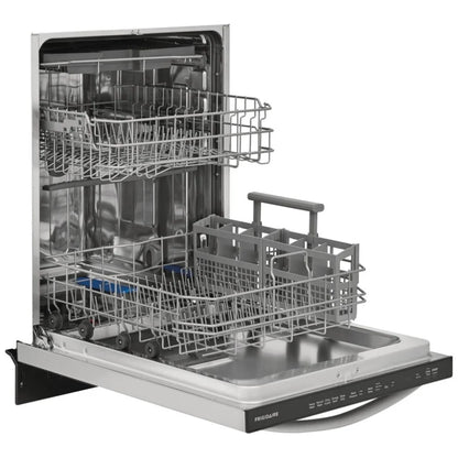 FDSH4501AS1 Dishwasher door open – The dishwasher with its door open, showing the upper and lower racks, ready for loading dishes.