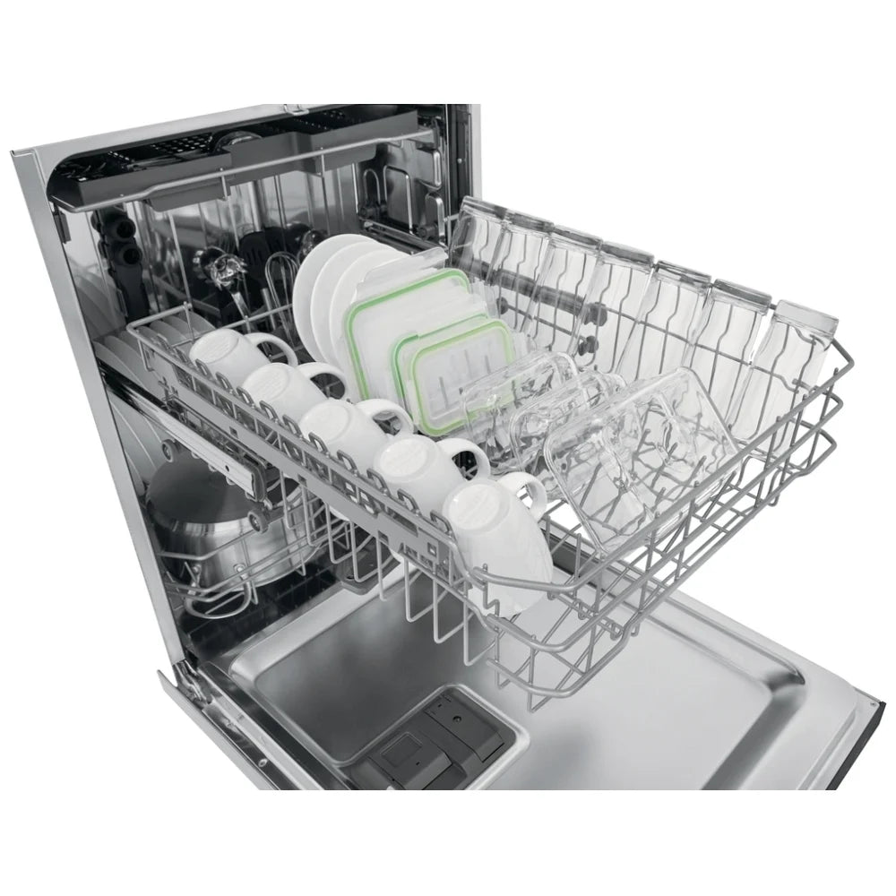 Close-up of FDSH4501AS1 dishwasher racks – A focused shot of the adjustable top and bottom racks, illustrating the flexibility to accommodate various dish sizes.