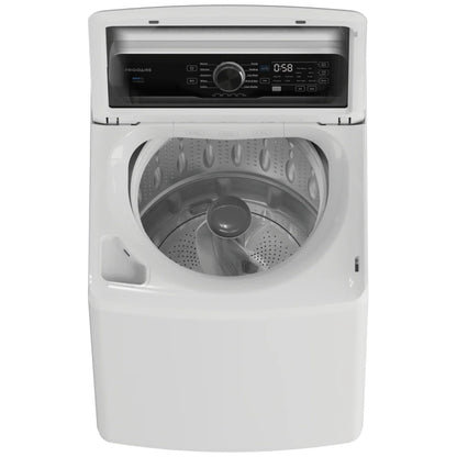 Frigidaire 4.4 cu. ft. top load washer lid open showing stainless steel drum