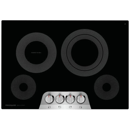 Frigidaire Gallery GCCE3049AS 30-inch electric cooktop with a sleek black glass surface and five radiant heating elements.