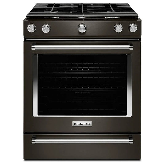 KitchenAid KSGG700EBS 30-inch gas slide-in range with 5 burners and convection oven