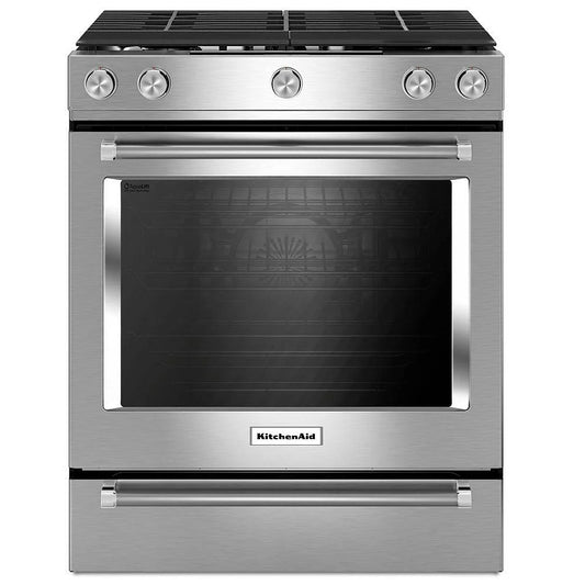 KitchenAid 30" 5-Burner Gas Slide-In Range with Even-Heat™ True Convection, Stainless Steel Finish.