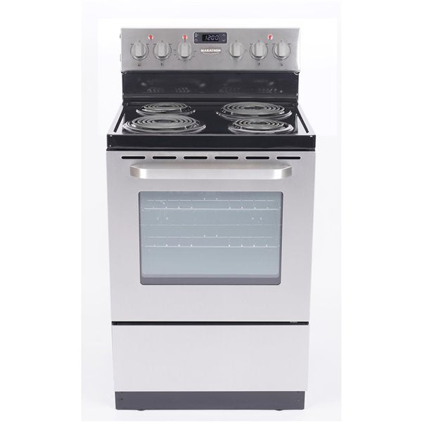 Marathon MER241SS 24-inch stainless steel electric range with four coil burners and a spacious oven