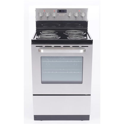 Marathon MER241SS 24-inch stainless steel electric range with four coil burners and a spacious oven