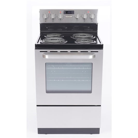 Marathon MER241SS 24-inch stainless steel electric range with four coil burners and a spacious oven