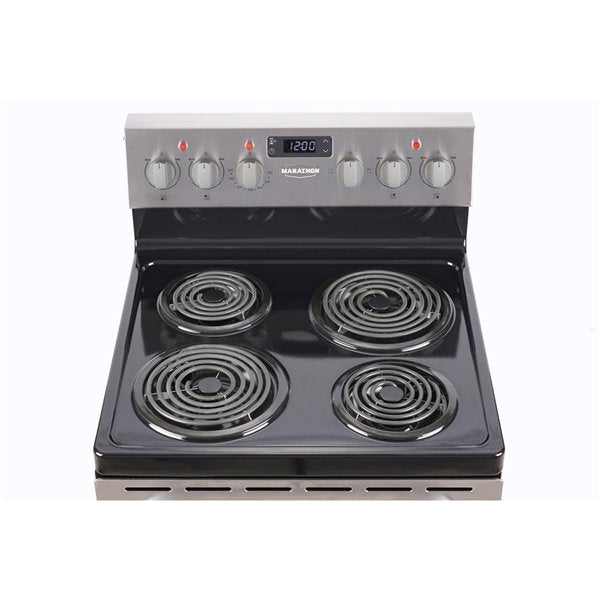 Close-up of the Marathon MER241SS 24-inch electric range with easy-to-clean porcelain burners and stainless steel finish