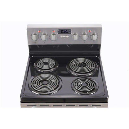 Close-up of the Marathon MER241SS 24-inch electric range with easy-to-clean porcelain burners and stainless steel finish