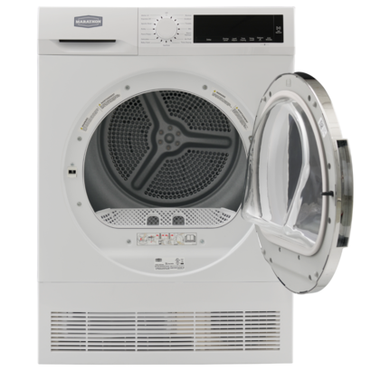 Marathon MVD420W dryer with door open, showcasing the 4.2 cu. ft. capacity and LED interior light.