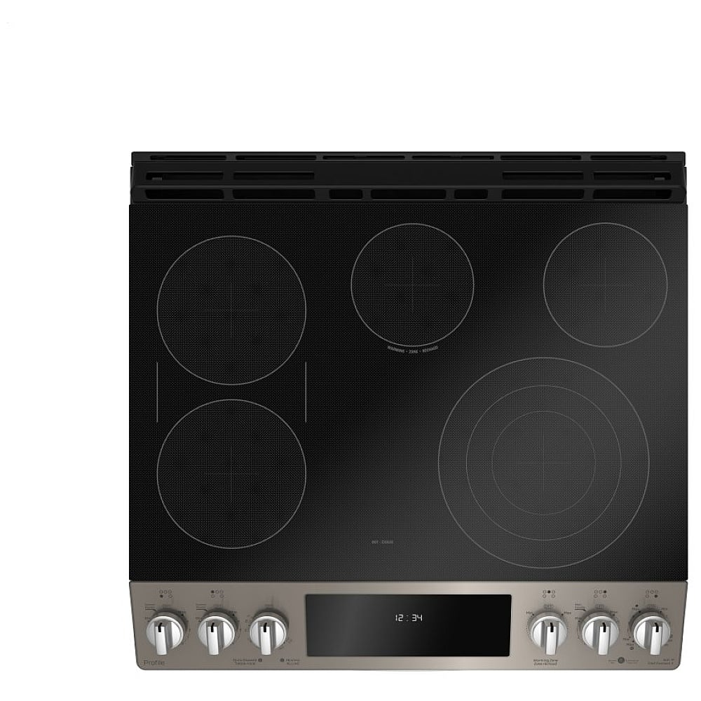 Close-up of GE 30" slide-in electric range cooktop with five induction burners.