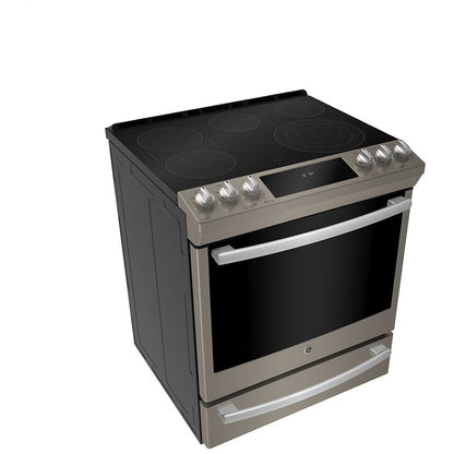 Side profile of the GE 30" slide-in electric range in slate, highlighting the sleek design, induction cooktop, and spacious oven.