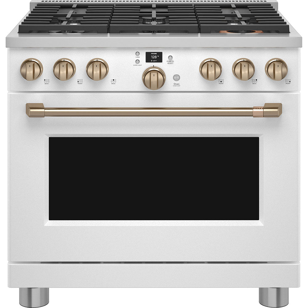 Café 36" Smart Dual-Fuel Commercial-Style Range with 6 Burners – Matte White with Brushed Bronze Accents