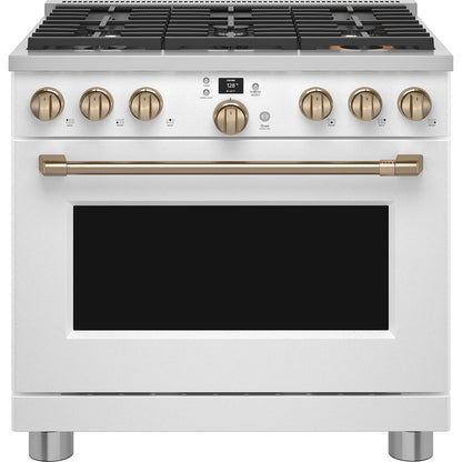 Café 36" Smart Dual-Fuel Commercial-Style Range with 6 Burners – Matte White with Brushed Bronze Accents