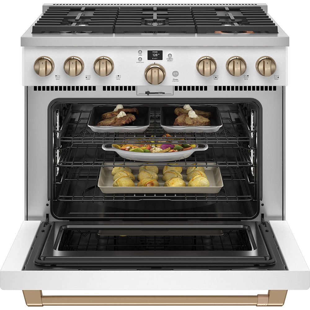 Café 36" Smart Dual-Fuel Commercial-Style Range with 6 Burners – Matte White with Brushed Bronze Accents
