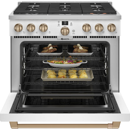Café 36" Smart Dual-Fuel Commercial-Style Range with 6 Burners – Matte White with Brushed Bronze Accents