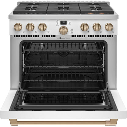 Café 36" Smart Dual-Fuel Commercial-Style Range with 6 Burners – Matte White with Brushed Bronze Accents