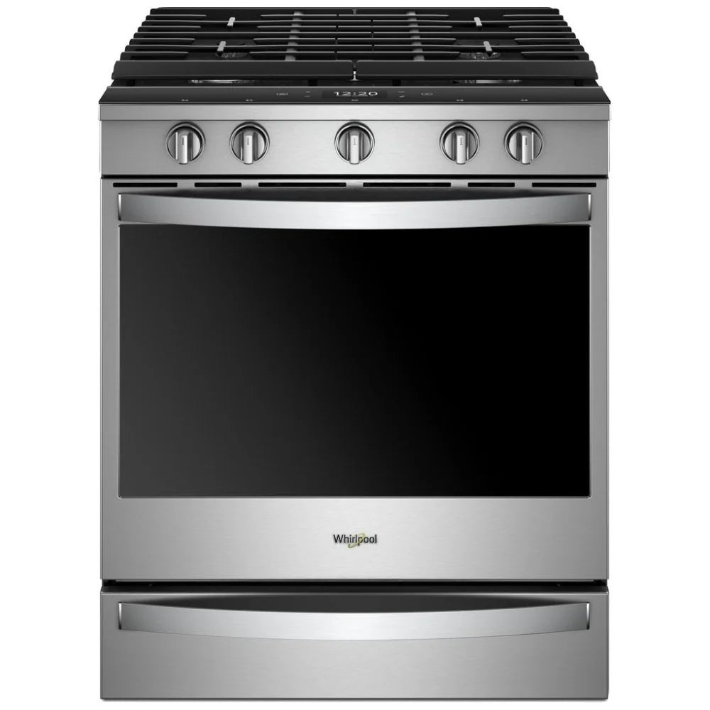Front view of the modern gas slide-in range with a black cooktop, stainless steel knobs, and a sleek, contemporary design that enhances your kitchen's aesthetic.