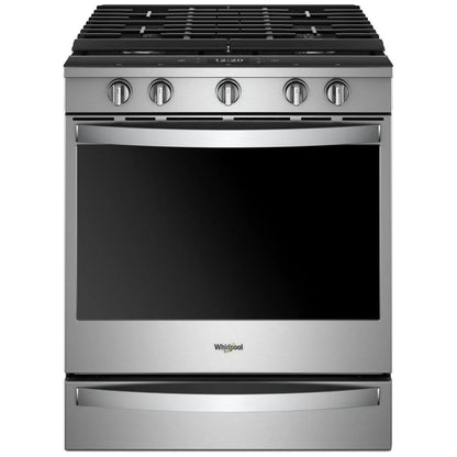 Front view of the modern gas slide-in range with a black cooktop, stainless steel knobs, and a sleek, contemporary design that enhances your kitchen's aesthetic.