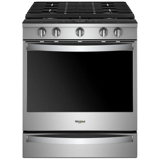 Front view of the modern gas slide-in range with a black cooktop, stainless steel knobs, and a sleek, contemporary design that enhances your kitchen's aesthetic.