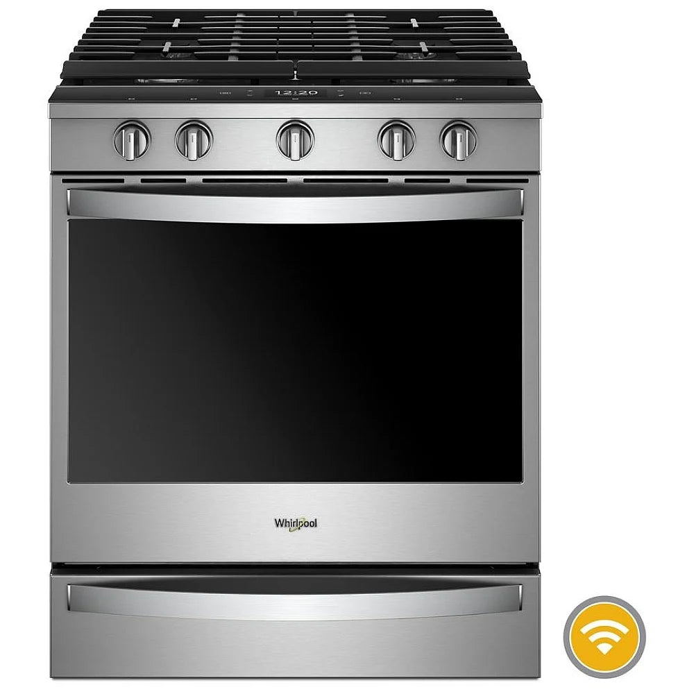 Front view of the sleek gas range with a Wi-Fi symbol in the corner, highlighting the smart connectivity feature for remote control and convenience.