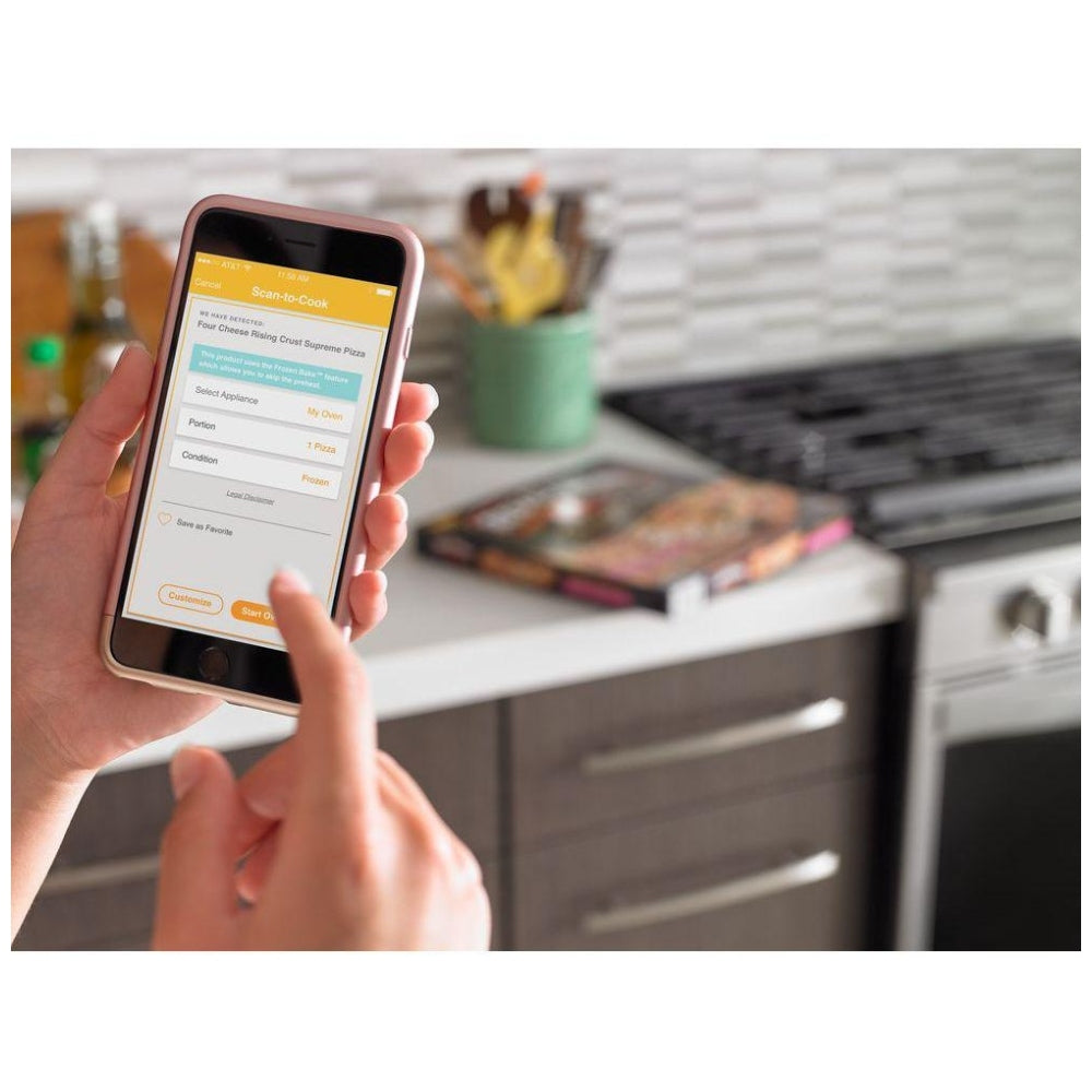 Image showing the Wi-Fi connectivity feature of the gas range, with a user controlling the oven settings remotely through a smartphone for convenience and precision.