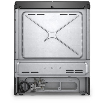View of the back of the gas slide-in range, showcasing the rear panel and venting system, designed for efficient heat distribution and safety.