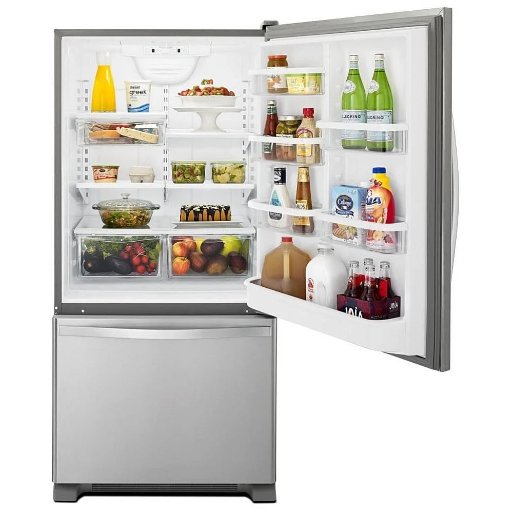 Interior of Whirlpool WRB329RFBM refrigerator with glass shelves and crispers