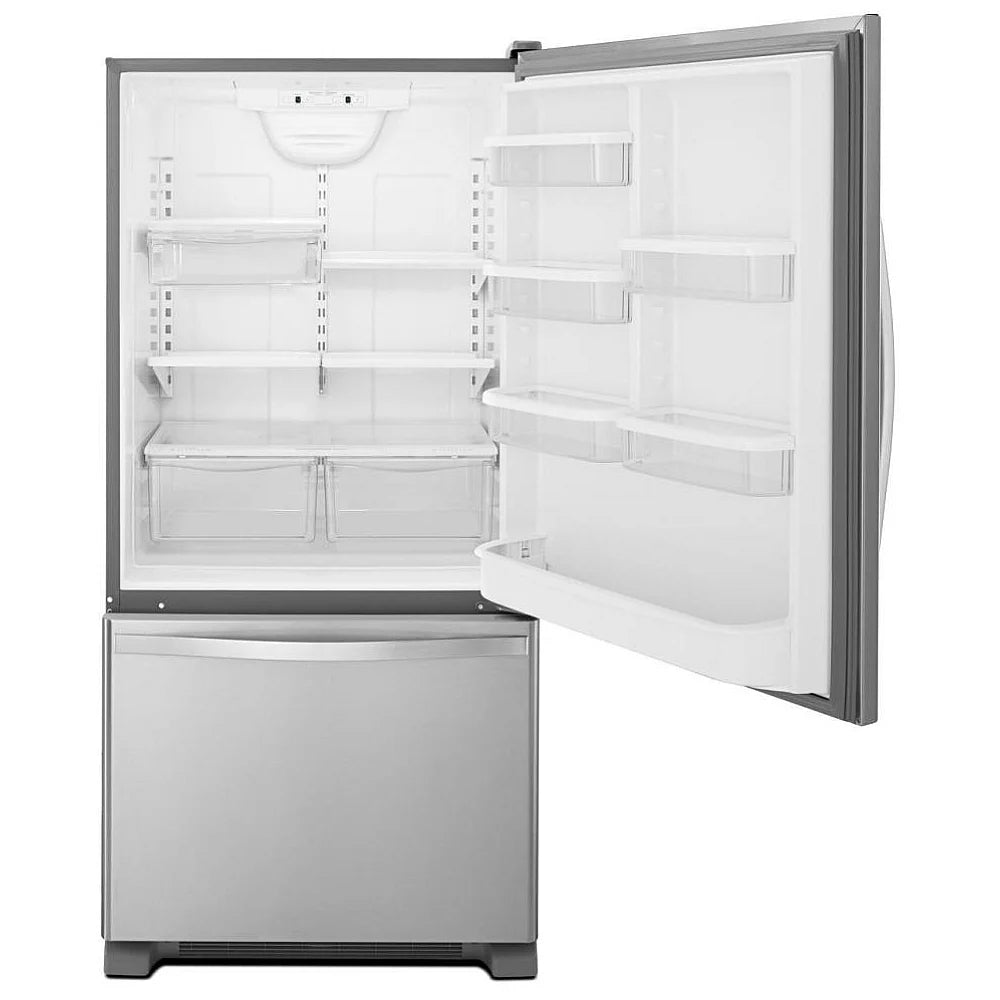 Interior of Whirlpool WRB329RFBM refrigerator with glass shelves and crispers
