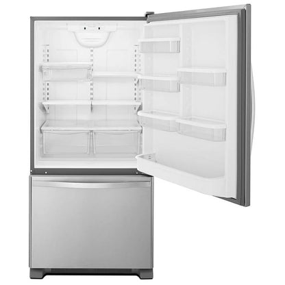 Interior of Whirlpool WRB329RFBM refrigerator with glass shelves and crispers