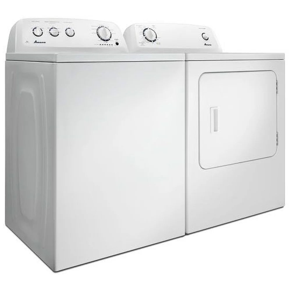 Side angle of used Amana electric dryer with reversible door